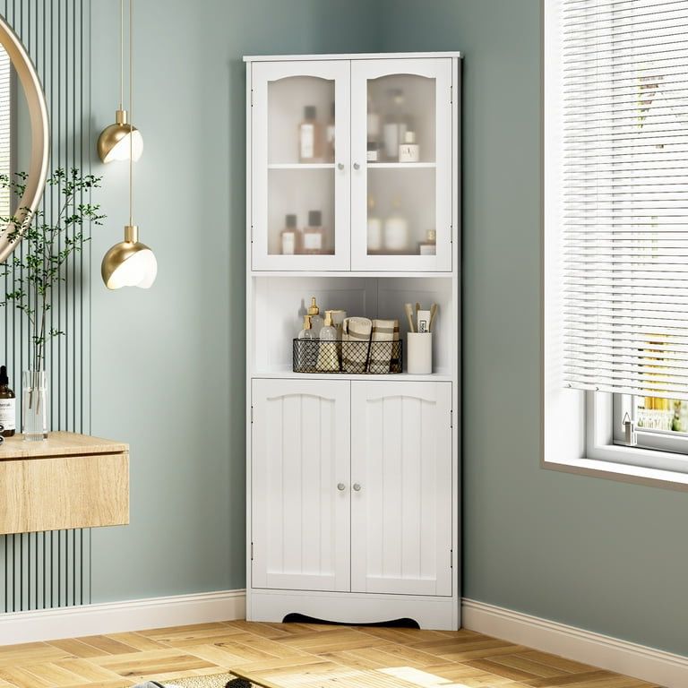 Corner Storage Cabinet, Wooden 4 Doors Linen Cabinet Cupboard for Bathroom, White