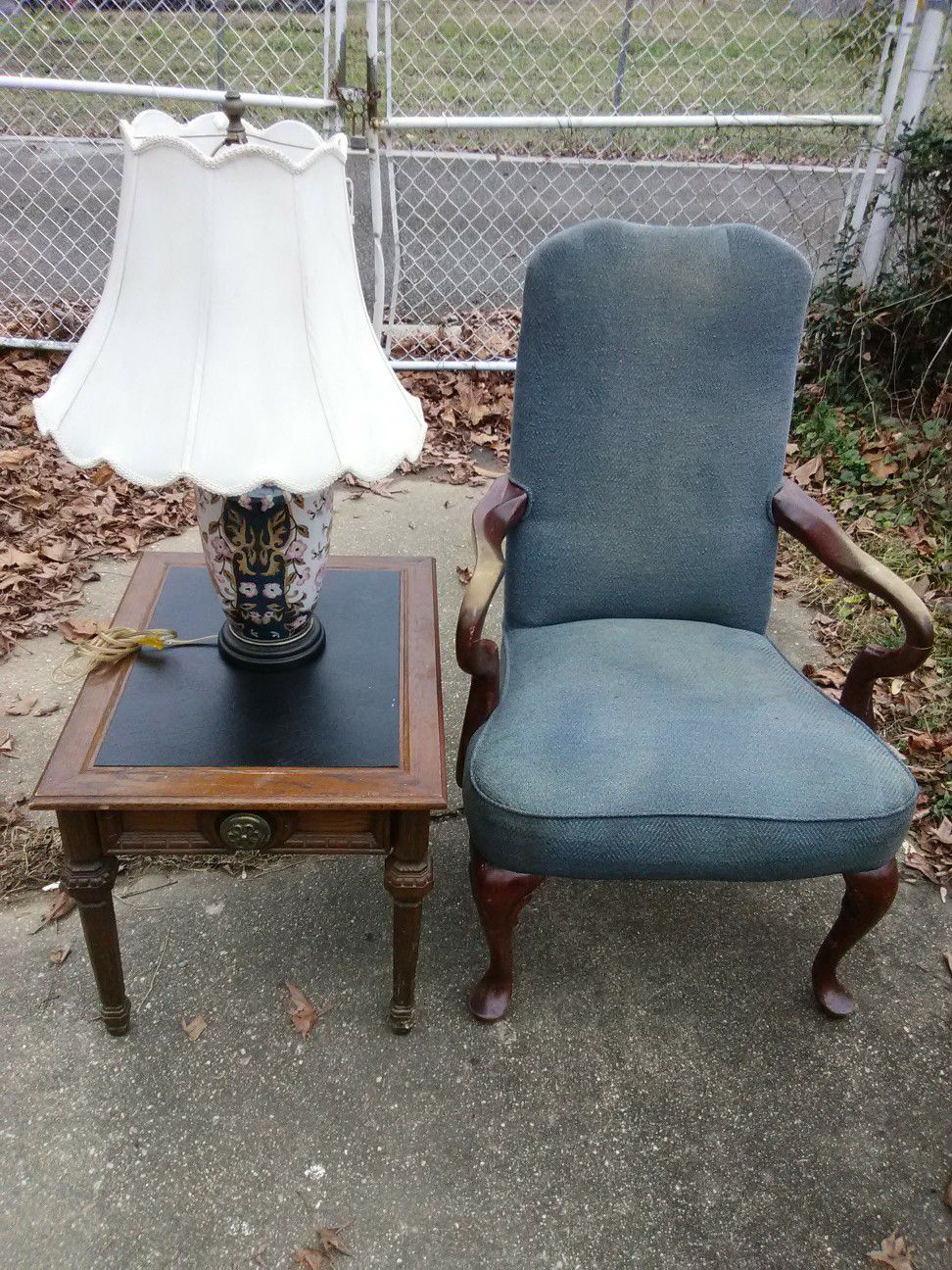 Antique lamp with shade plus table and chair