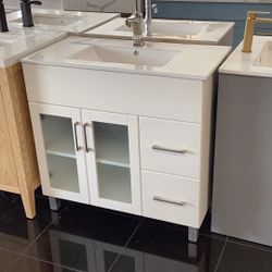 New Solid Wood 36” Vanity, Frosted Glass Doors, Ceramic Top, White, Available For Pick Up 