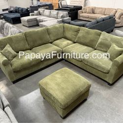 New Green Sectional Sofa And Ottoman, Sage Sectional, Sectionals, Sofa, Couch, Living Room Sofa, Corduroy Sectional, Plush Sectional,Soft Plush Couch 