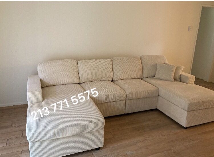 U Shape Sectional Sofa Ivory Corduroy Fabric Material ✅No Tax✅