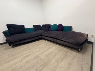Black velvet contemporary sofa couch  with RAF chaise lounger sectional