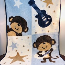 Baby Blanket Rockstar Monkey Blue Brown Squares Guitar Star Luxe Fleece 43”x29”