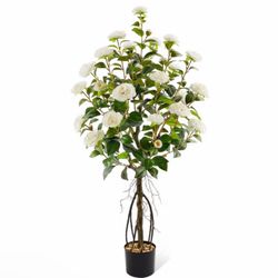 4FT Artificial White Camellia Tree - Faux Plant with Pot (Brand New)