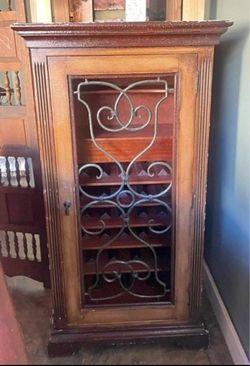 Wood Wine Cabinet with Iron Scrollwork Door