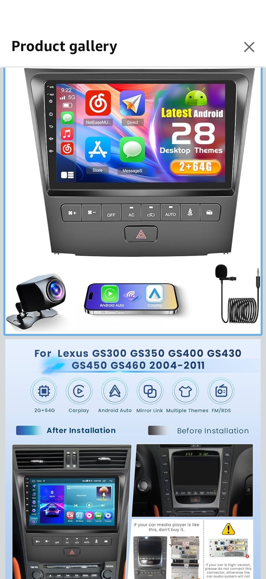 2+64G Radio for Lexus GS300 GS350 GS400 GS430 GS450 GS-2011 Android 15 CarPlay Car Stereo 9'' Touch Screen Android Auto, AHD Backup Camera, Bl