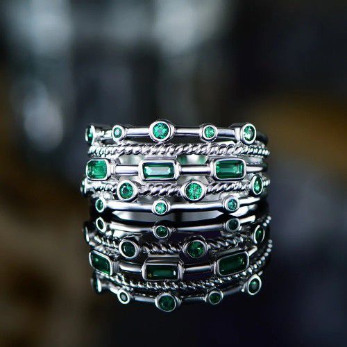 "925 Silver Plated Green Round Rectangle CZ Double Layer Dainty Ring, L408