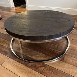 RESTORATION HARDWARE - NICHOLAS OAK ROUND COFFEE TABLE Brown Oak/ Polished Stainless Steel $400