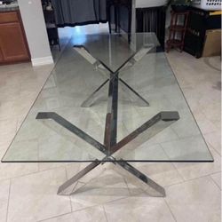 Modernists Contemporary Chrome X-Base Dining Table / Desk With Glass Top