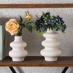 Ceramic Vase Set of 2, Off White Boho Vase for Modern Home Decor, Round Vases for Dried Flower, Pampas Grass, Pottery Vases for Office Centerpieces We