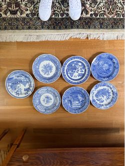 Vintage Spode Blue & White Transferware Plate Collection – 7 Decorative Plates