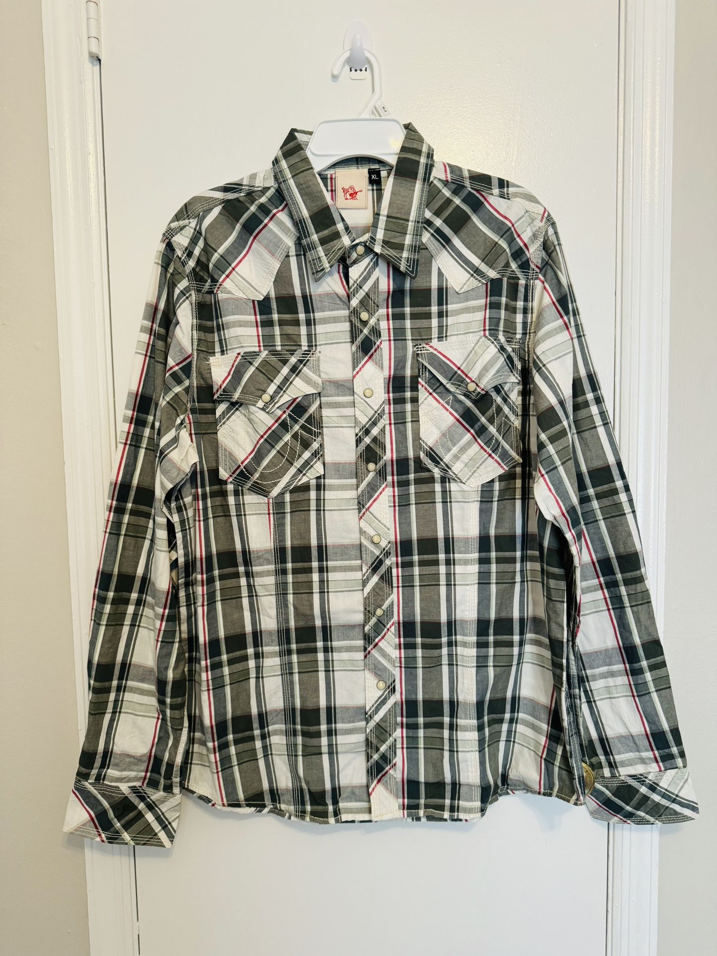 True Religion Western Pearl Snap Shirt White Breen Red Plaid Cowboy Mens XL