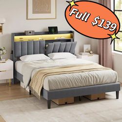 LED Full Size Bed Frame with Storage Headboard,Full Bed Frame with Outlets and USB Ports,Upholstered Platform Bed Frame Full Size with Shelf,Wood Slat