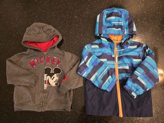 Toddler Boys Size 2 Lot of 2 Zippered Jackets With Hoods And Pockets Disney Baby Mickey Mouse & Blue