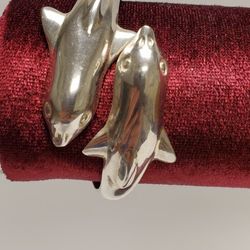 Vintage 925 Sterling Silver Twin Dolphins Cuff Bangle Bracelet w/ Spring Hinge