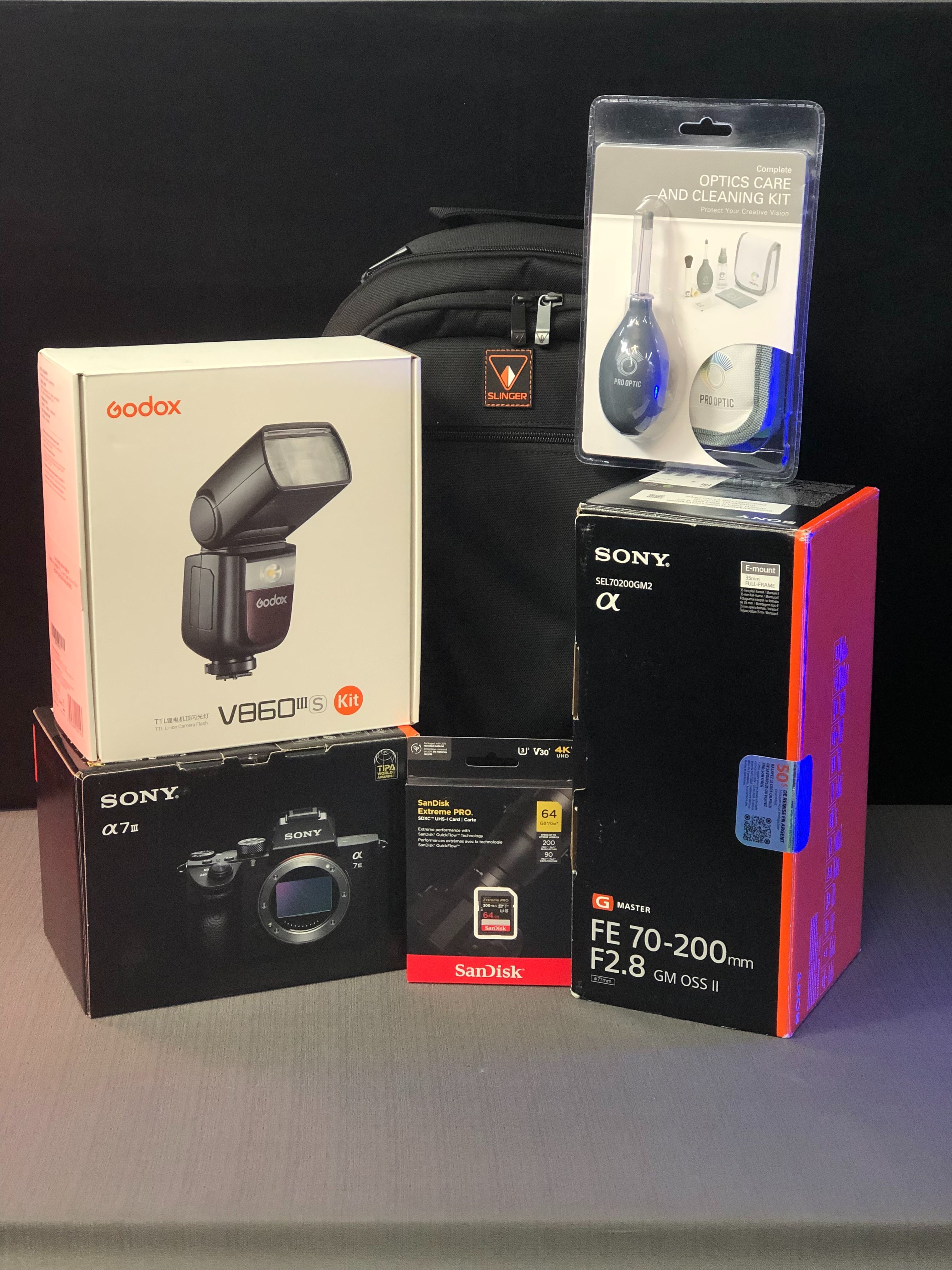 Sony a7 III with Godox Ving V860III TTL, SD Card, Padded Camera Bag, Cleaning Kit and FE 70-200mm f/2.8 GM OSS II (Lens Used- Great Condition)