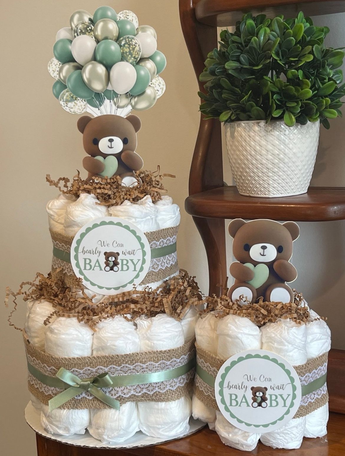 2 NEUTRAL SAGE GREEN We can Bearly Wait baby shower diaper cakes