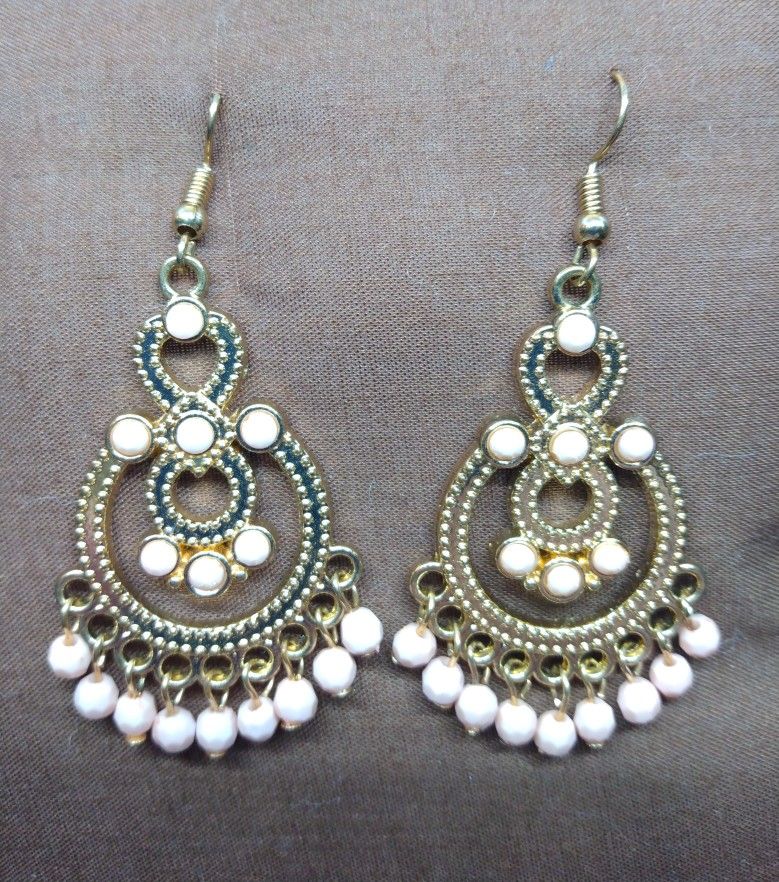 Goldstone And Peachy/Pinky Dangle Earrings And Silver Tone Feathery Dangle Earrings