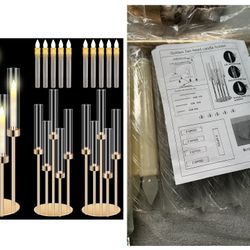 Tandefio 2 -pc 5 Arm Gold Candelabra Table Centerpiece with LED Candle 26.8" Tall Wedding Floor Holder Acrylic Candlestick with Lampshade Fit 0.8 for 