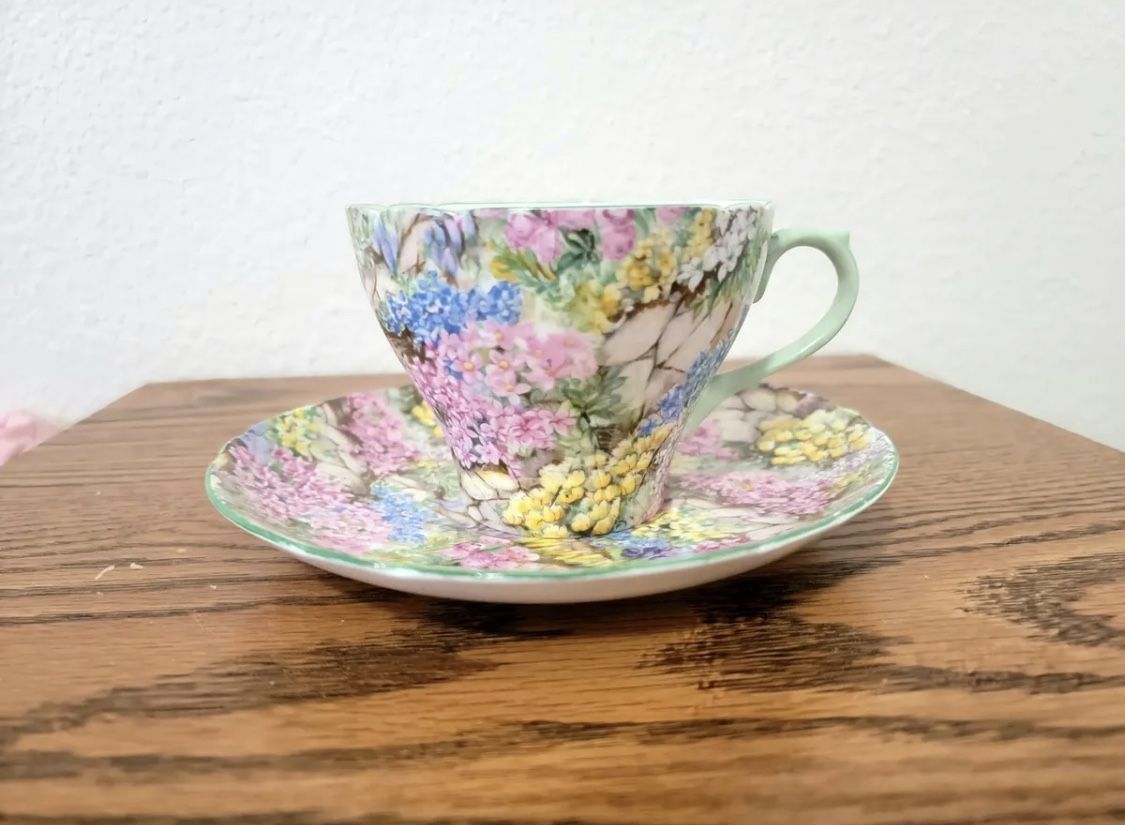 VINTAGE Shelley Bone China Rock Garden Golden Handle Tea Cup and Saucer, England