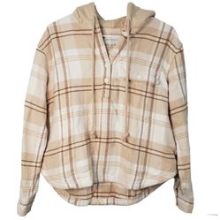 AMERICAN EAGLE Womens Beige Plaid Long Sleeve Shirt With Hoodie Size XXS