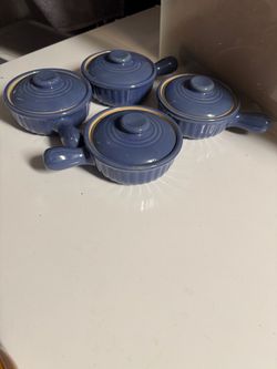 Set of 4 Blue Ceramic Soup Crocks with Lids