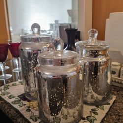 3 Pieces. Glass Canister, Silver 