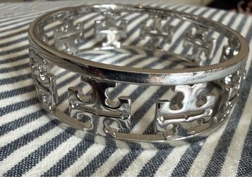 Tory Burch Silver Tone Double T Logo Openwork Cuff Bracelet