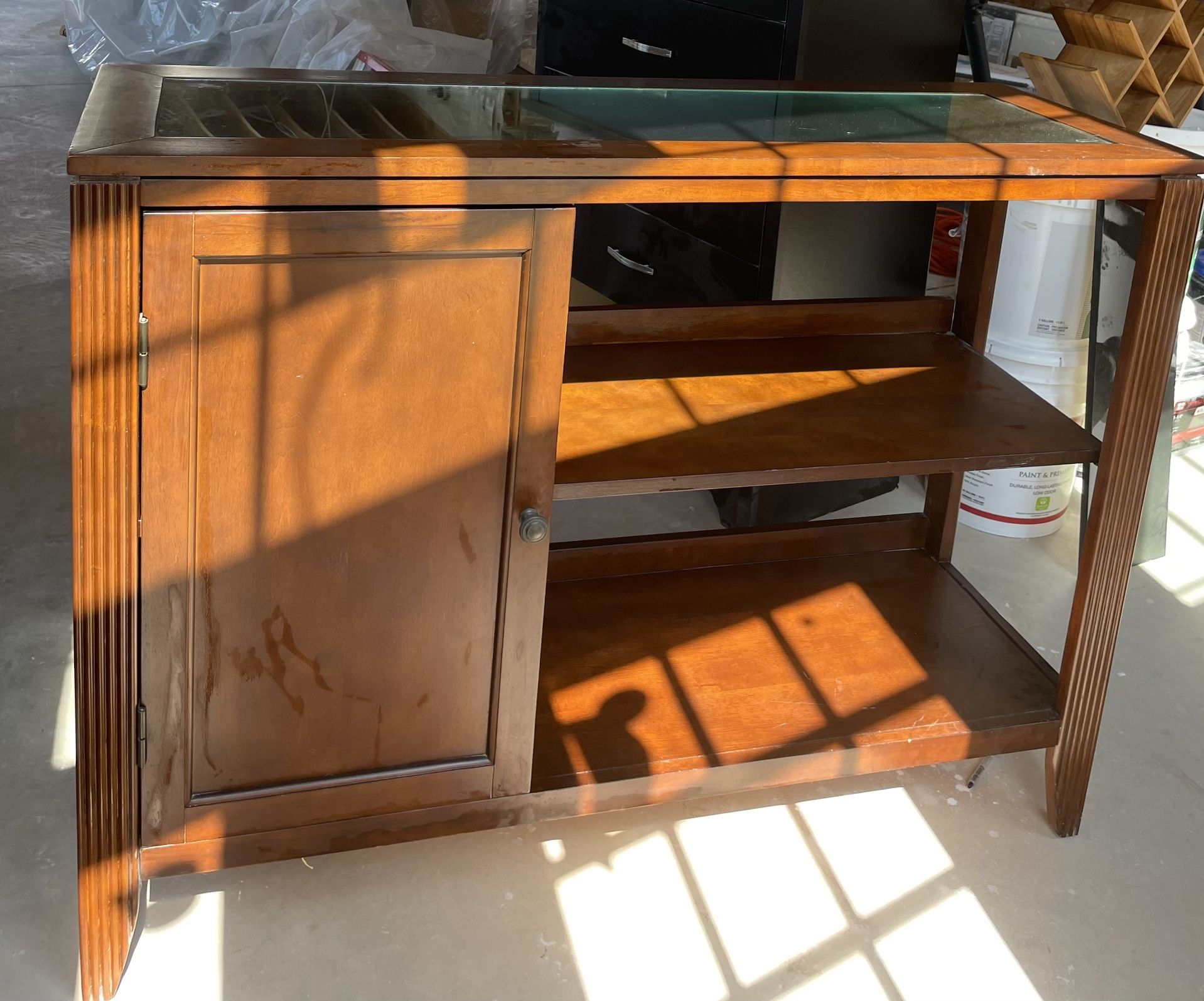 Console Wood Table With Glass Top And Shelves