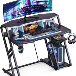 Gaming Desk with Storage Shelf 39 inch, Computer Desk with Monitor Shelf, Gaming Table with Carbon Fiber Surface, Gamer Desk with Cup Holde