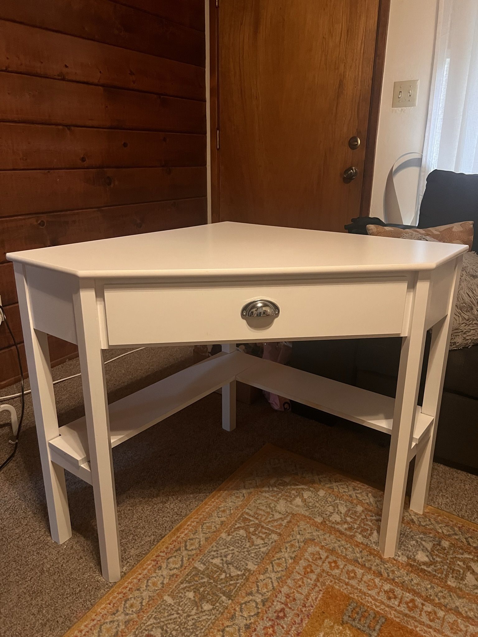 White corner Desk And IKEA Chair 