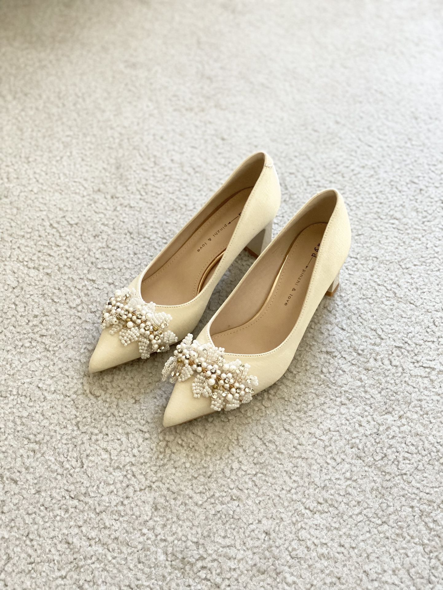 Satin Block Heel Beige Size 6