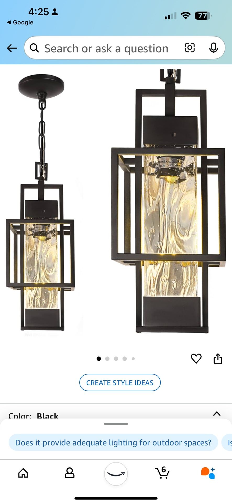 PARTPHONER 15" Outdoor Indoor Pendant Light Exterior Hanging Lantern, Modern Black Metal Outside Chandelier Light Fixture Ceiling Mount with Water Gl