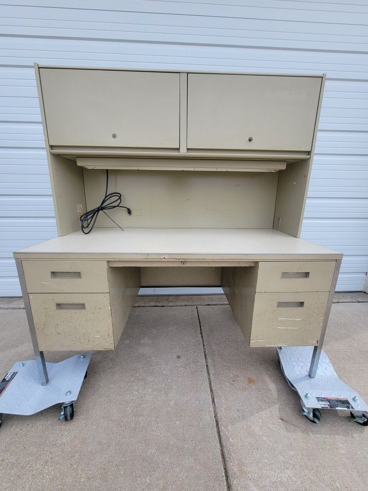 Steel Desk with Overhead Storage and Chair