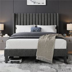 Upholstered Platform Bed Frame with Channel Tufted Headboard, Full, Dark Gray