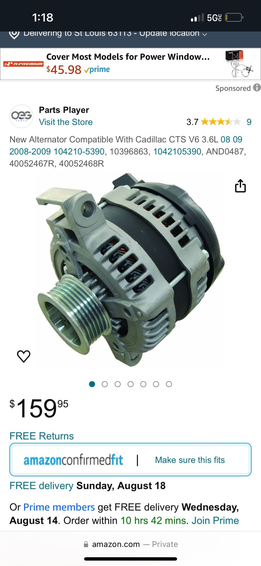 08-10 Cadillac CTS 3.6 Alternator Brand New