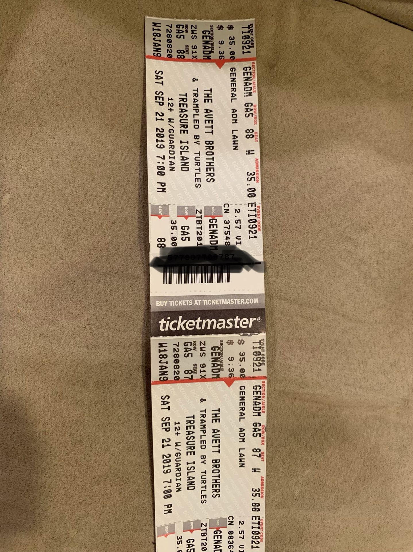 Two General Admission Avett Brothers/Trampled by Turtles tickets for Saturday, 9/21 at Treasure Island Casino. They were over $100 for both