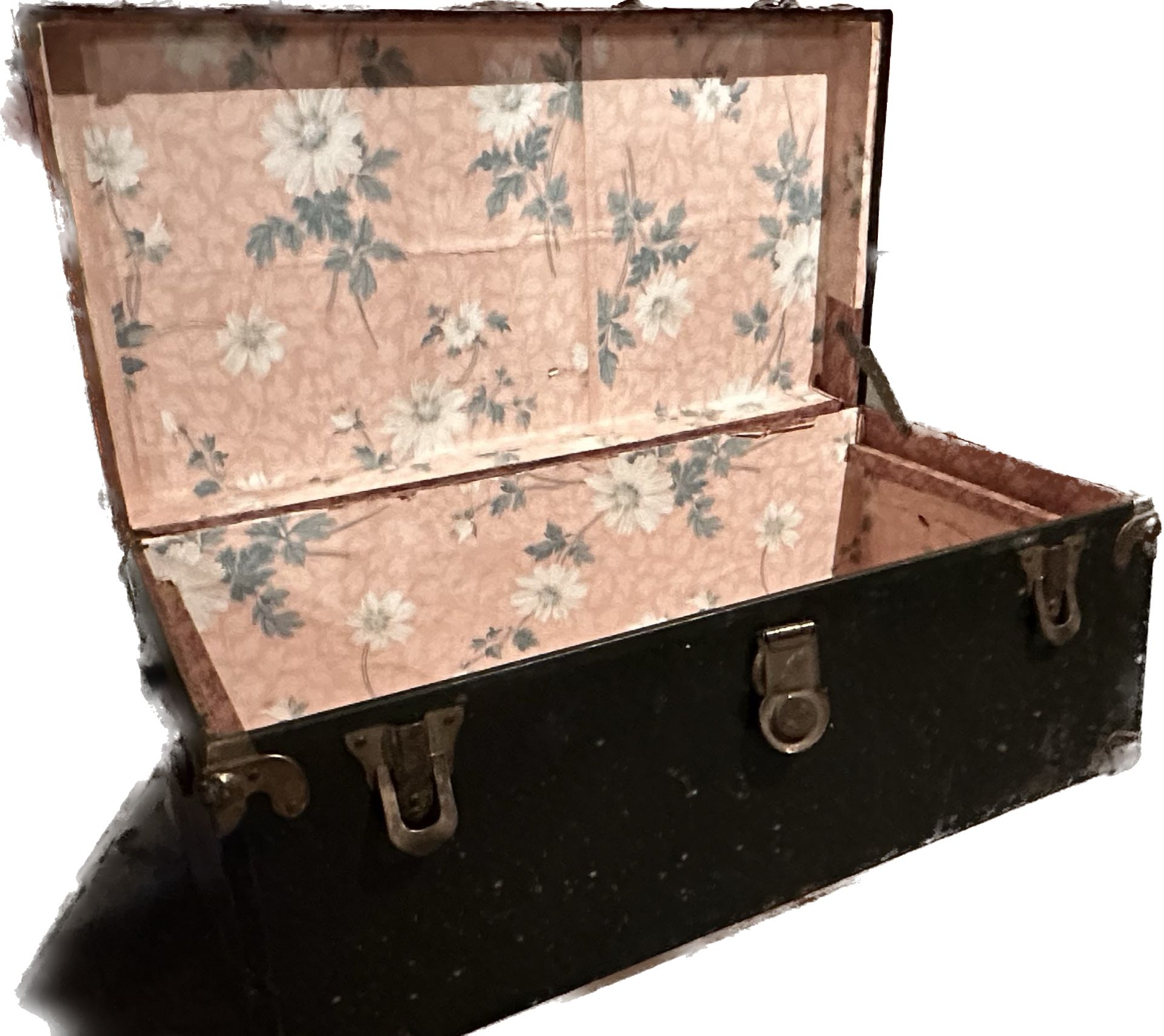 Large Antique Steamer Trunk with Pink and White Floral Paper Lining