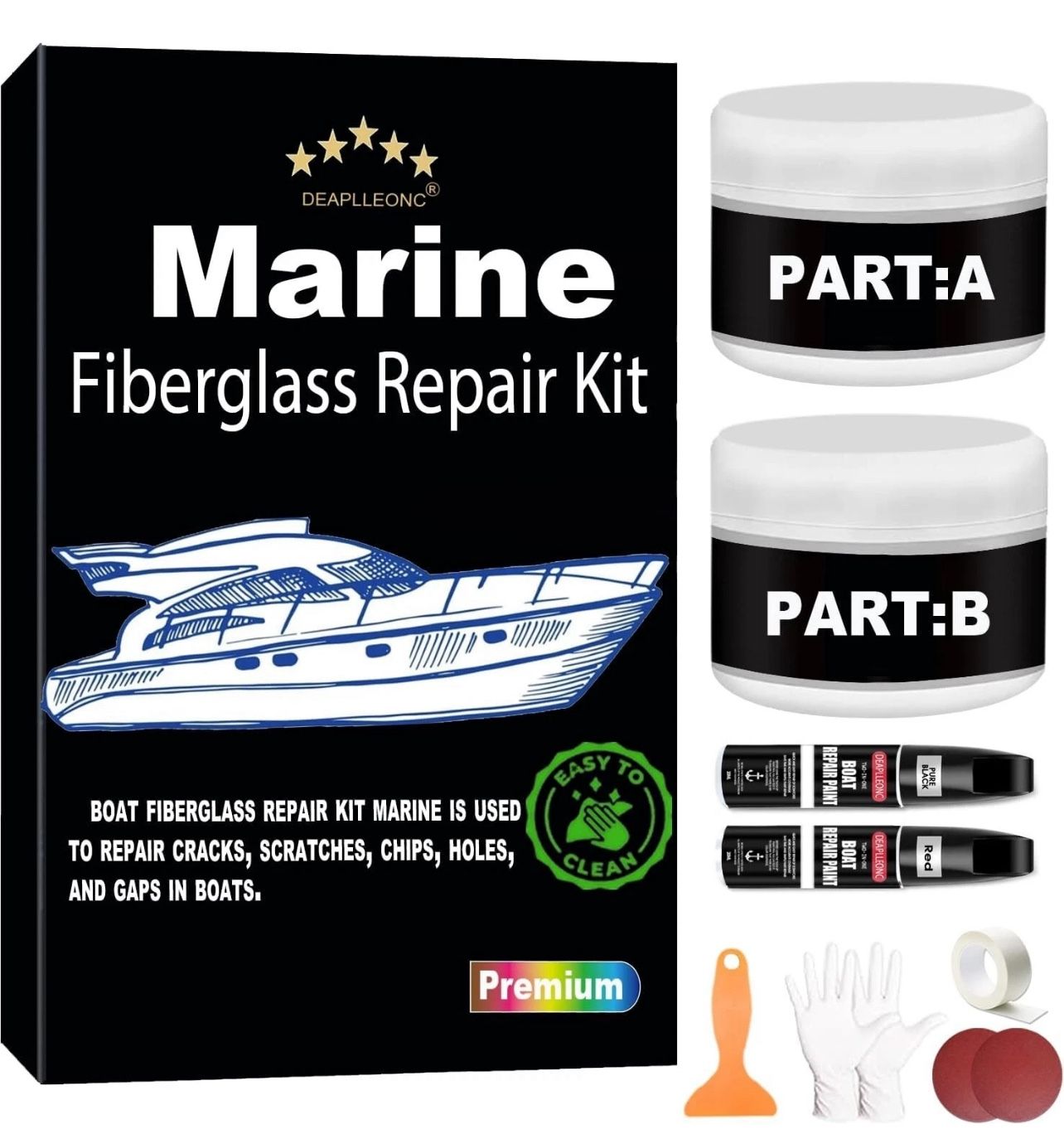 Premium Marine Fiberglass Repair Kit for Boats, Boat Gel Coat Repair Kit - Includes 2 Pcs of Boat Paint, Which Can Quickly Repair Holes, Chips and De