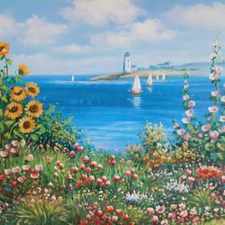 Sunflowers & Sailboats Oil Painting