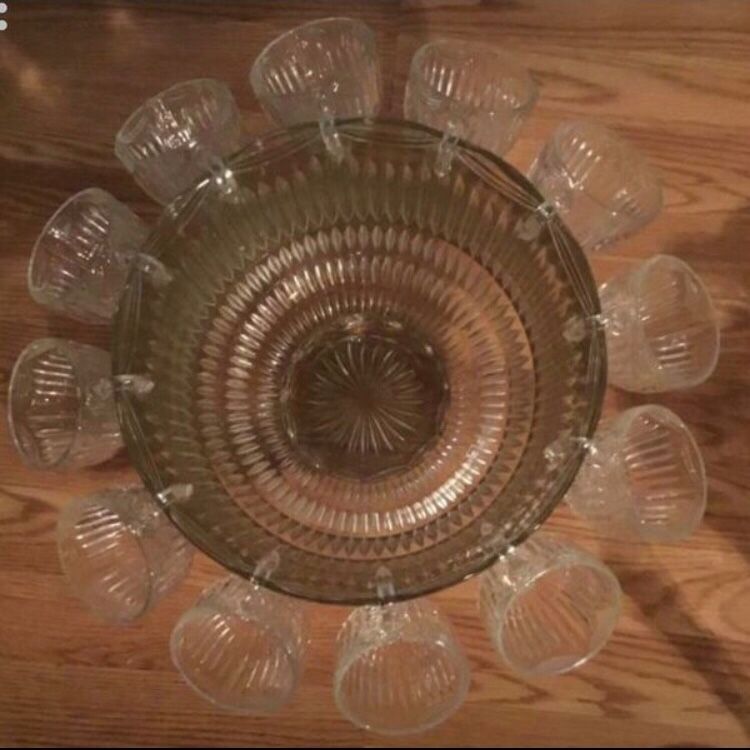 ANTIQUE “LARGE GLASS ETCHED PUNCH BOWL” WITH MATCHING CUPS
