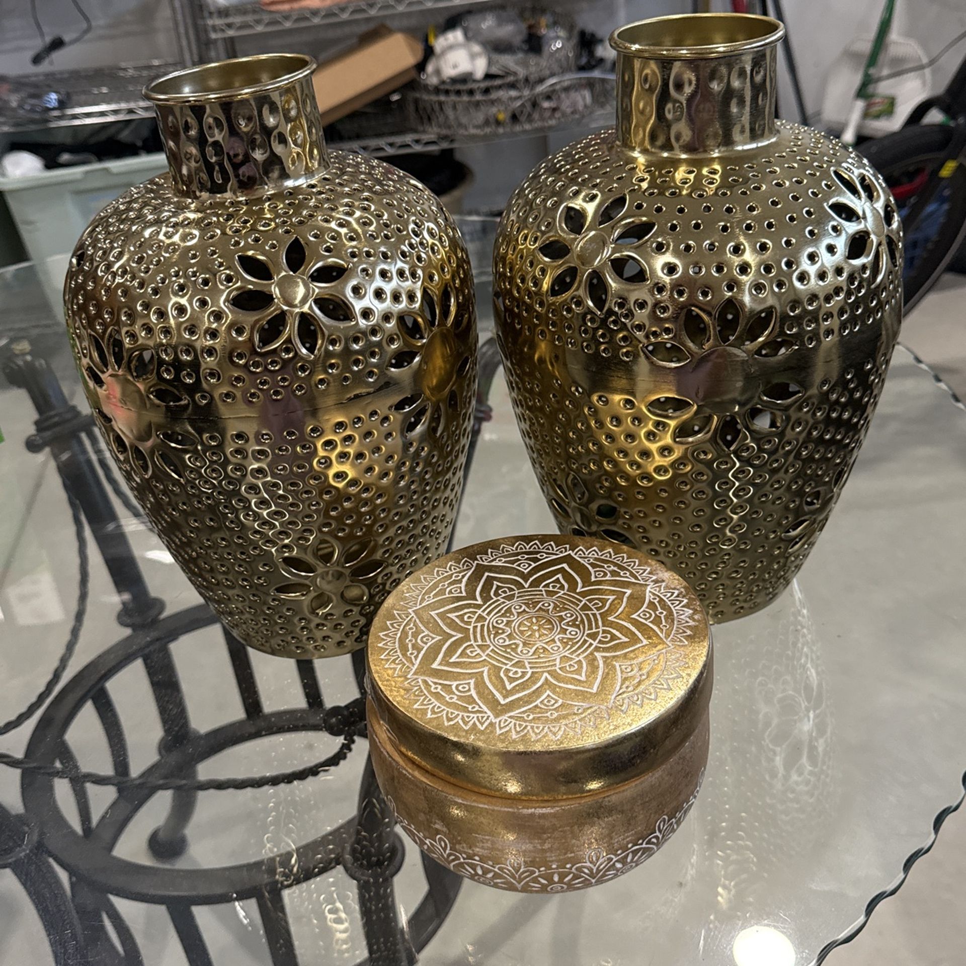 2 Gold Vases And 1 Round Gold Home Decor Items 35 Dollars For All