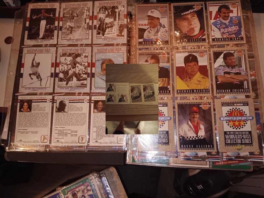 Baseball,fotball,racing,older Play Boy Cards Also Some Boxing Cards And Olympic Cards Included Total Of 6 Books And Two Crates Ful Plastic Container