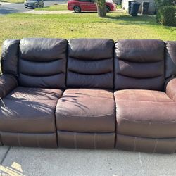Leather Brown Reclining Sofa And Loveseat With Cup Holders 