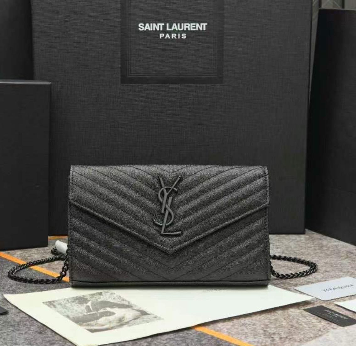 YSL Black Leather Crossbody Purse Cassandre Envelope