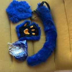 YXCFEWD Blue Cat Ears Headband and Tail paws Set with Heart Patch Felt Stickers, Cat Costume for Halloween Party Cosplay