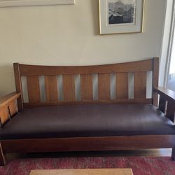 L. and J.G. Stickley Mission Oak/ Brown Leather Curve Settle Sofa Rare -Signed 