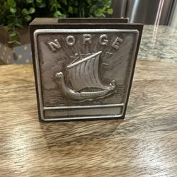 Norwegian Matchbox Holder Wood Slip Case Pewter Face Viking Ship Norge Vintage