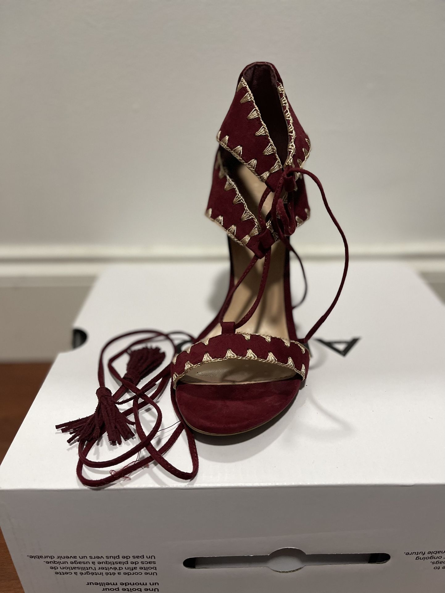 Burgundy Suede Lace-Up Heels with Gold Stitch Detail – Bold & Elegant