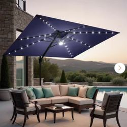 10ft. x 10 ft. Solar Powered Cantilever Patio Umbrella w/ Cross Stand 360° Rotation Outdoor Shade Umbrella in Navy Blue